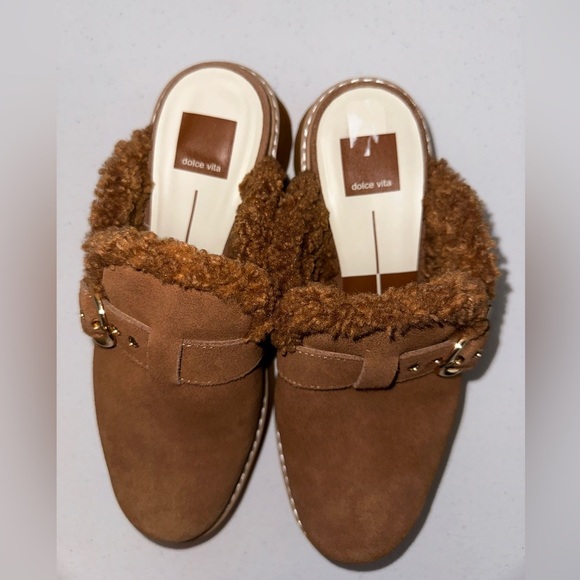 NWOB Dolce Vita Lelani Plush Flats Pecan Suede platform Mules faux fur lined 8.5 - Picture 4 of 14